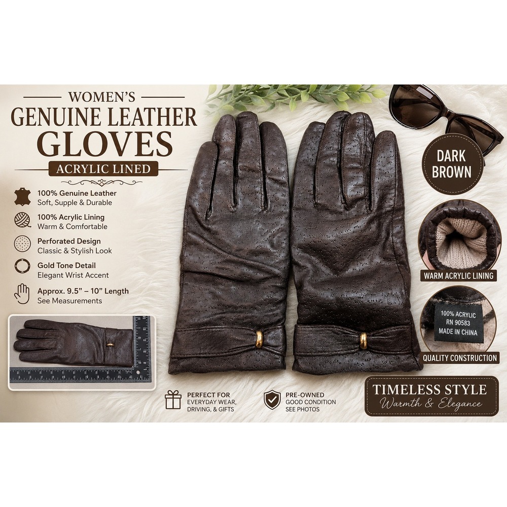 Womens Dark Brown Genuine Leather Gloves Perforated Gold Tone Acrylic Lined